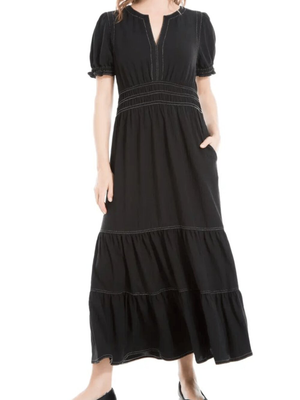 Max Studio Black Tiered Maxi Dress Smocked Waist Flutter Sleeve